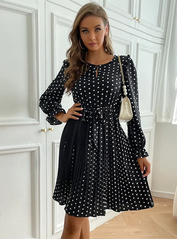 Sleeve Retro Polka-dot Round Neck Dress Bodycon unclassified dresses