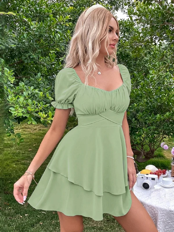 Slim-fit Bubble Sleeve Green Dress One-shoulder unclassified dresses