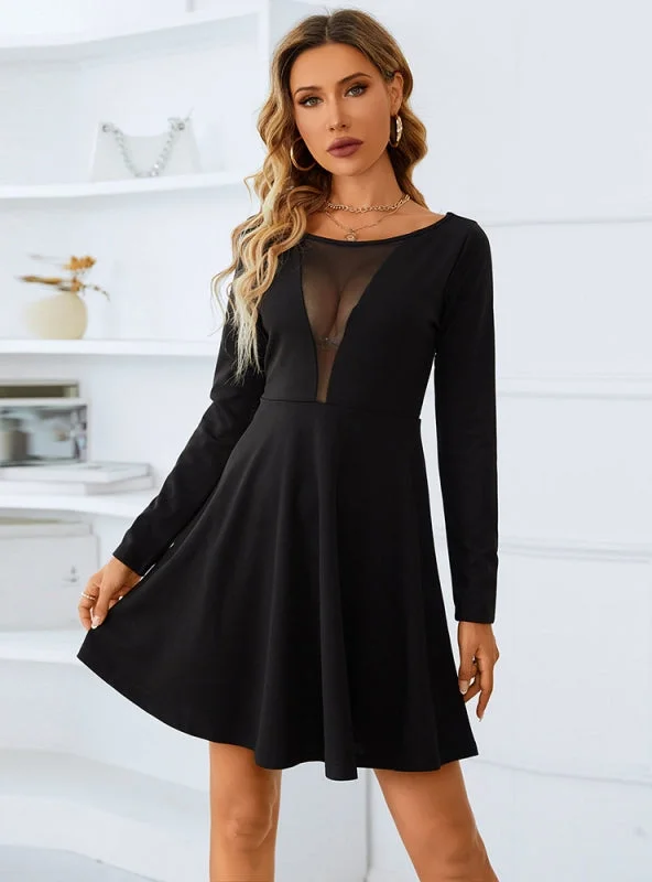 Solid Color Dark V Mesh Backless Dress Vacation unclassified dresses