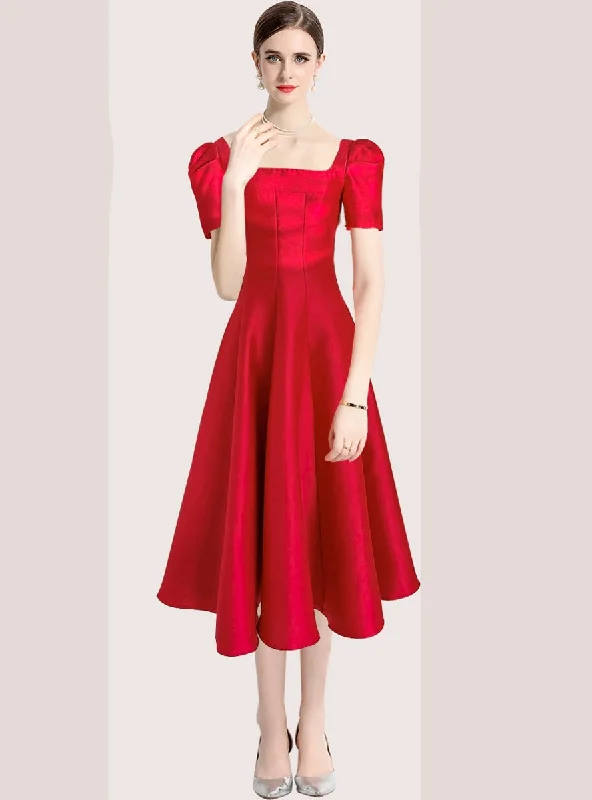 Solid Color Pleated Slim Square Collar Dress Fall unclassified dresses