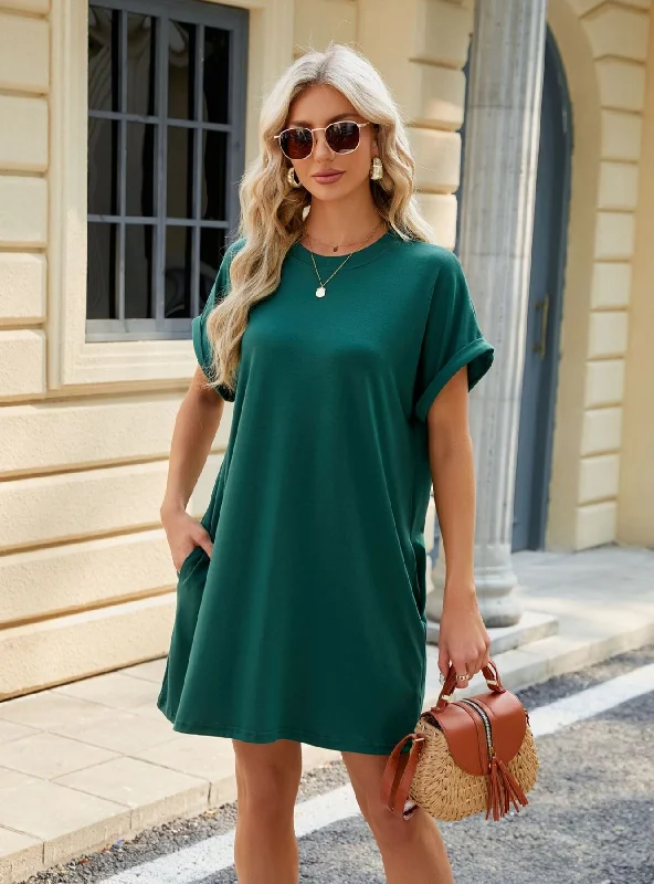 Solid Color Round Neck Pocket Dress Long unclassified dresses