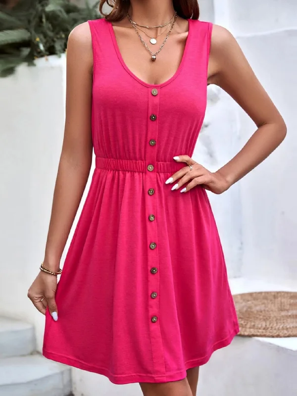 Solid Color Sleeveless Vest Button Round Neck Dress Anniversary unclassified dresses