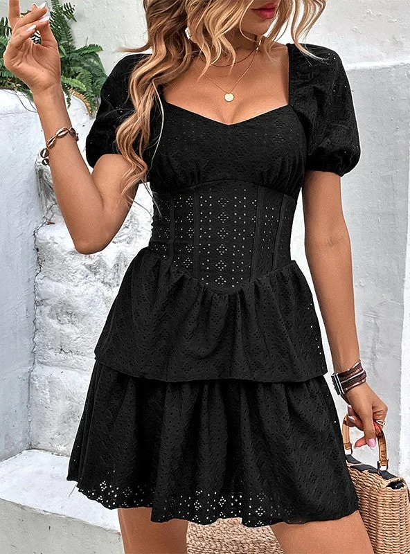 Solid Color Square Collar Bubble Sleeve Cake Dress Fall unclassified dresses