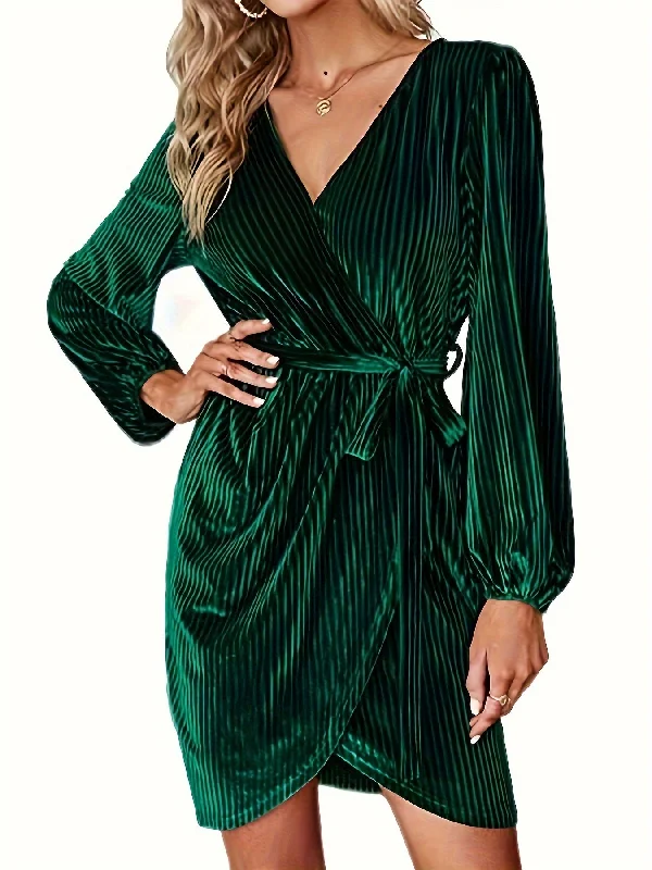 Solid Velvet Lantern Sleeve Dress, Tie-waist Surplice Neck Wrap Dress Bright color unclassified dresses