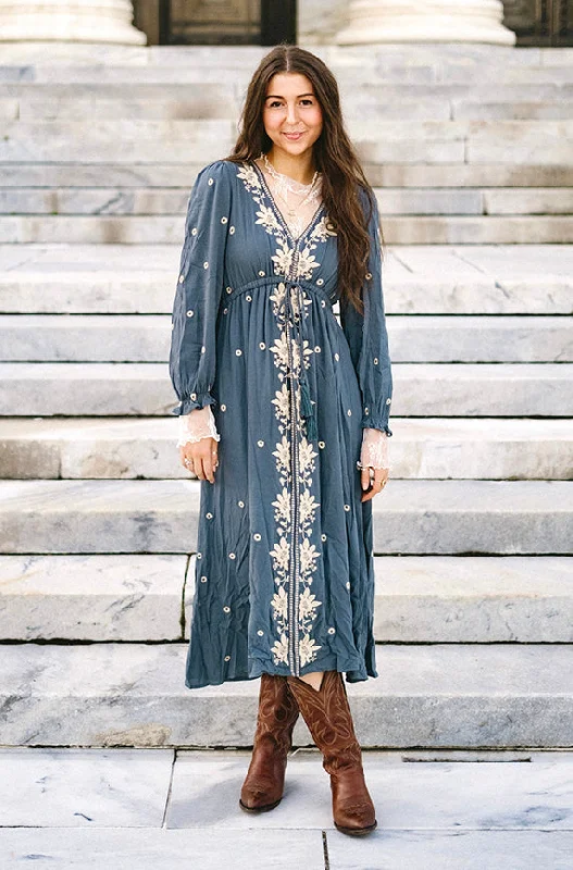 Vivienne Dusty Slate Embroidered Dress - FINAL FEW - FINAL SALE Knitted unclassified dresses