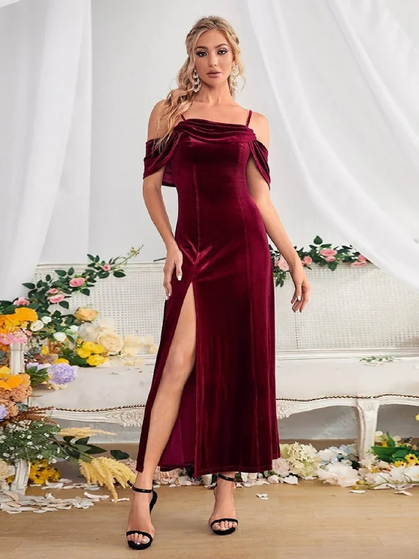 Split Velvet Off the Shoulder Straps Dress Satin unclassified dresses