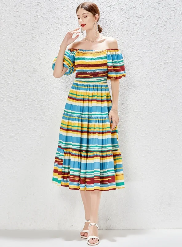 Square Collar Waist Slim Rainbow Holiday Dress Sexy unclassified dresses