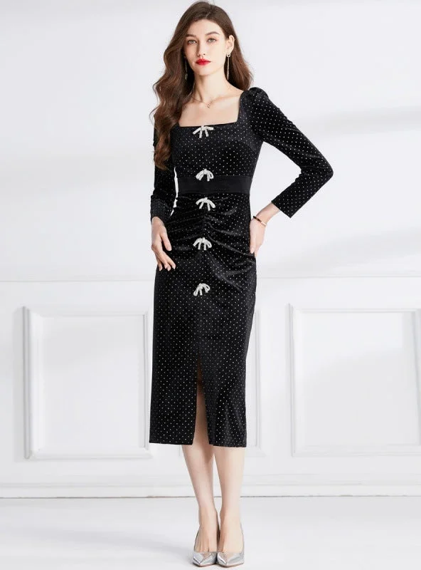 Square Wave Split Slim Bow Velvet Dress Unique unclassified dresses