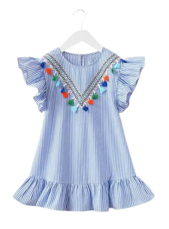 Summer Girls Tassel Flying Sleeve Dresses Stripe Festival unclassified dresses