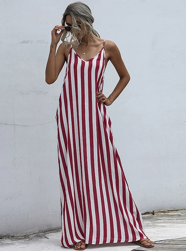 Summer V-neck Loose Striped Sling Dress Pastel unclassified dresses