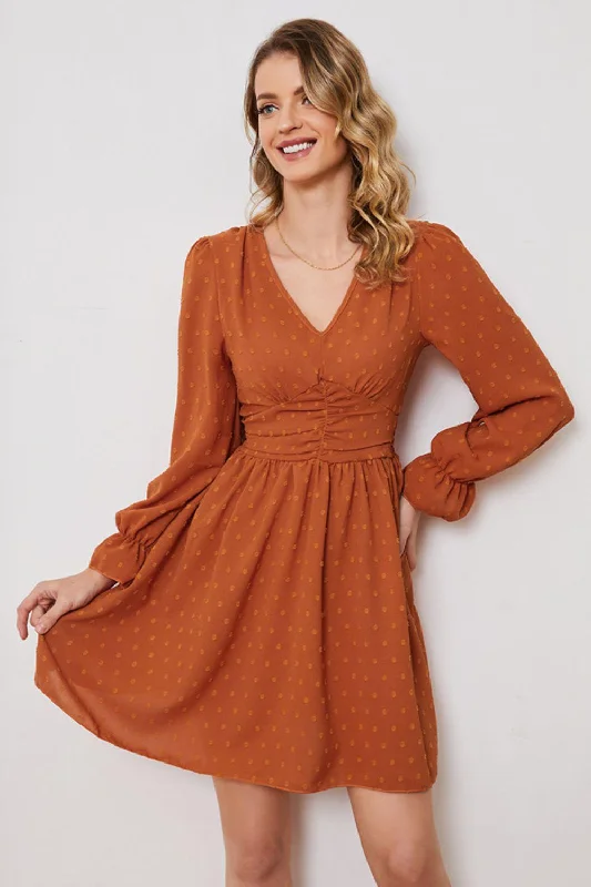 Swiss Dot Ruched V-Neck Flounce Sleeve Dress Long sleeve unclassified dresses