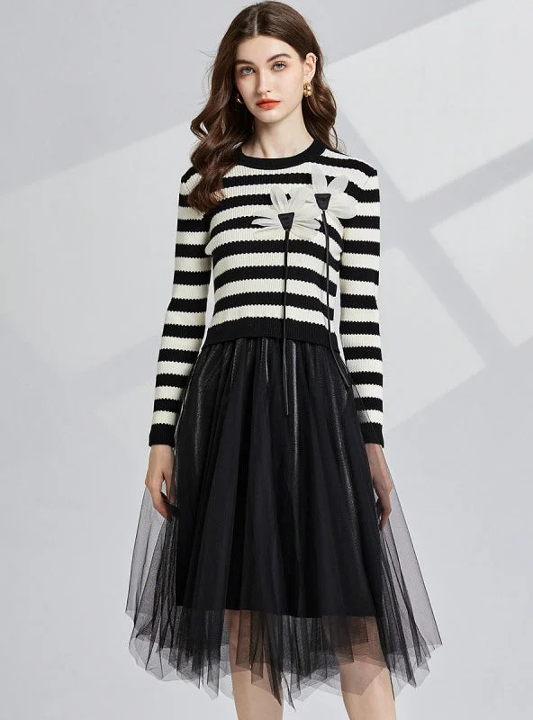 Three-dimensional Flower Round Neck Striped Contrast Dress Graduation unclassified dresses