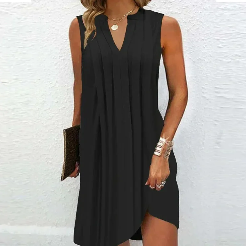 V Neck Sleeveless Pleated Design Dress Denim unclassified dresses