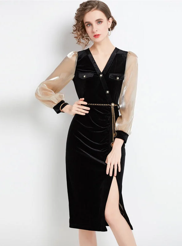 V-neck Split Black Velvet Dress Satin unclassified dresses