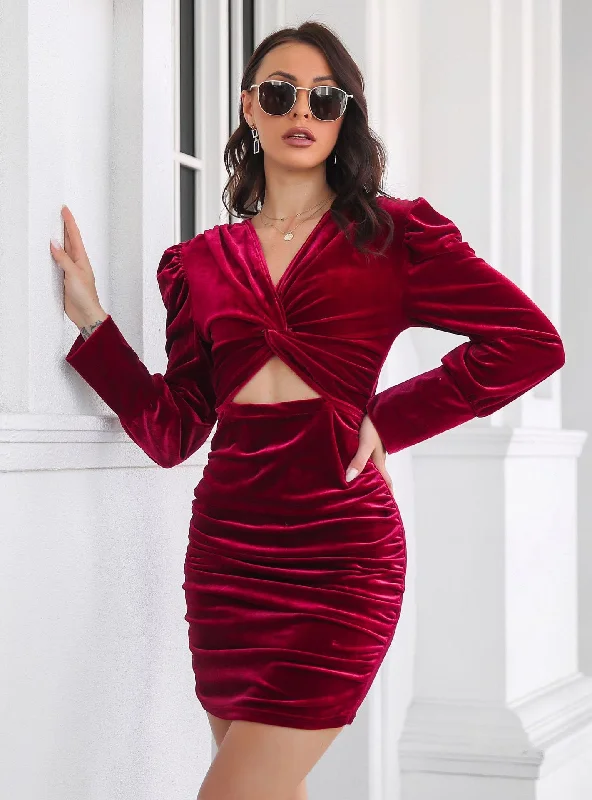 Velvet Kinked Bubble Sleeve Pleated Dress Off-shoulder unclassified dresses