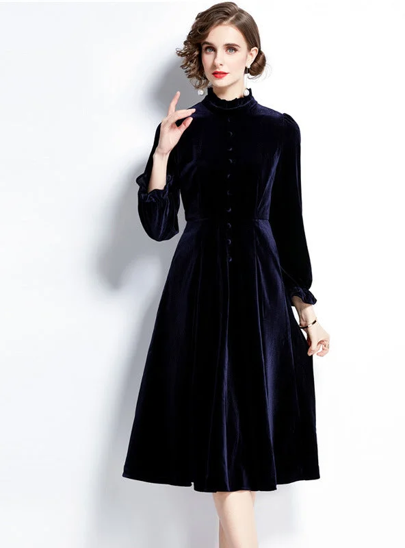 Velvet Wooden Ear Collar Mid-length Dress Denim unclassified dresses