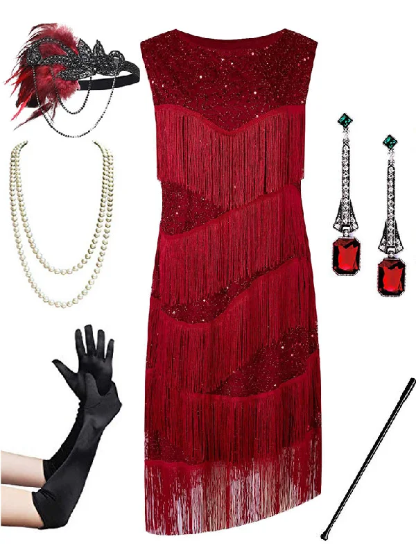 Wine Red Sexy Gatsby Glitter Fringe 1920s Flapper Dress Set Corset unclassified dresses