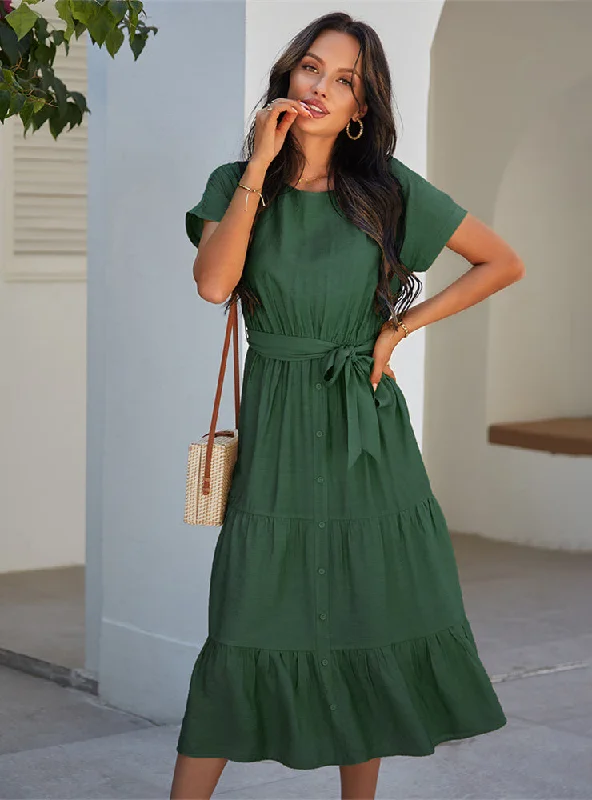 Women Simple Solid Color Dress With Belt A-line unclassified dresses