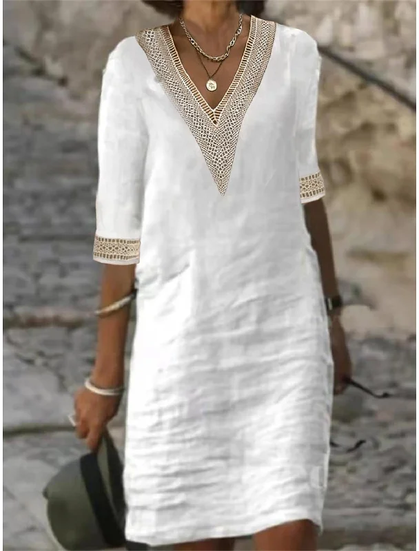 Women's Cotton Linen V Neck Patchwork Half Sleeve Dress Graduation unclassified dresses