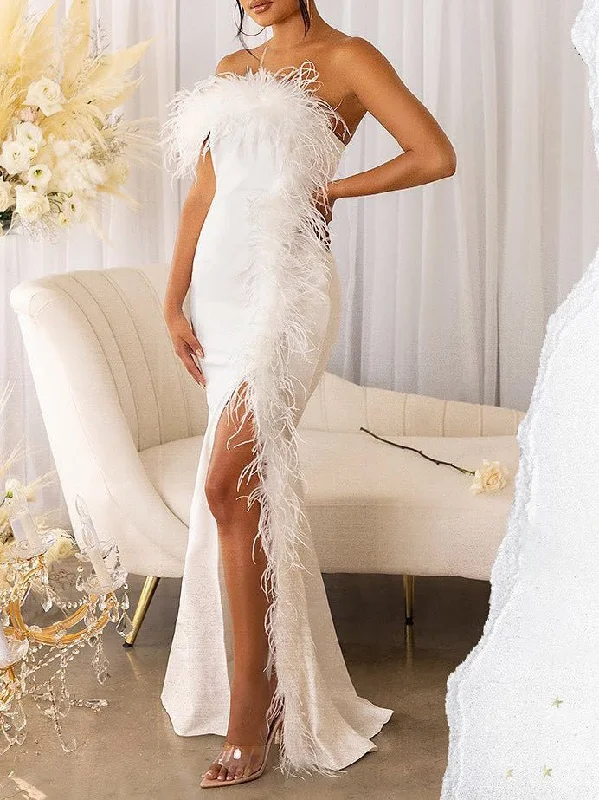 Women's Dresses One-Shoulder Feather Slit Dress Winter unclassified dresses