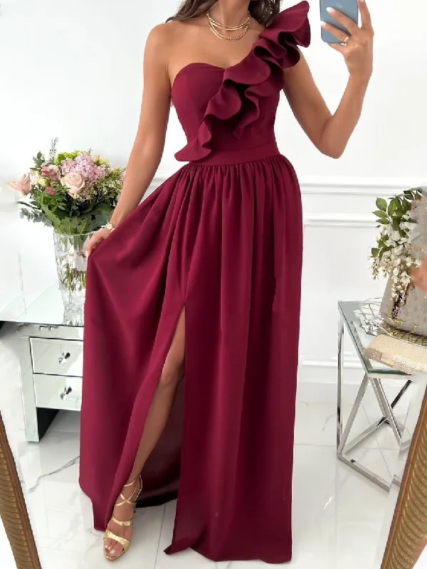 Women's Dresses One Shoulder Ruffle Sleeveless Slit Dress Pastel unclassified dresses