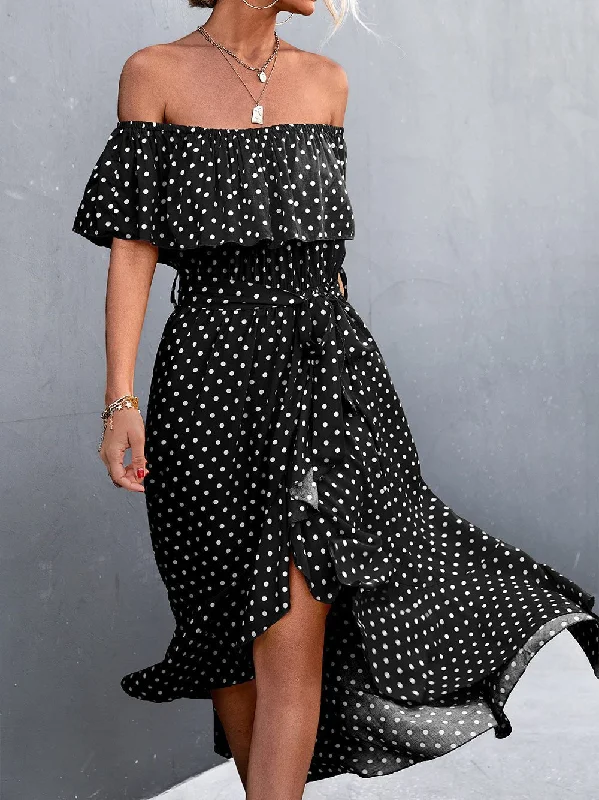 Women's Dresses Polka Dot Off-Shoulder Irregular Ruffle Slit Dress Tiered unclassified dresses