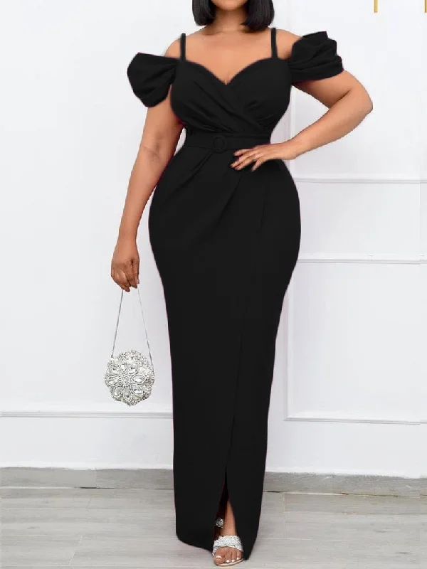 Women's Dresses Sling V-Neck Off-Shoulder Slit Dress Trendy unclassified dresses