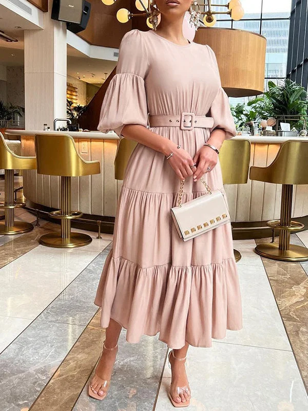 Women's Dresses Solid Puff Sleeve Belt Ruffle Dress Embroidered unclassified dresses