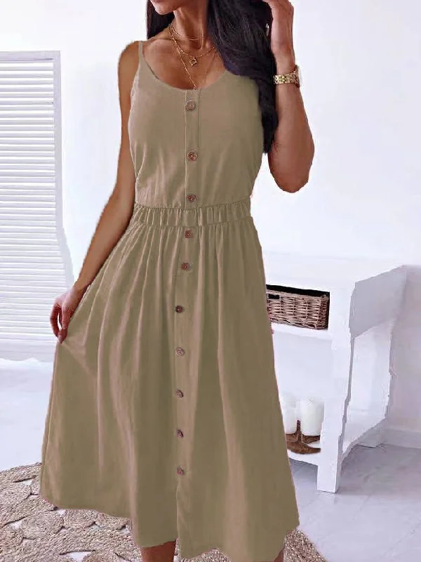 Women's Dresses Solid Sling Button Sleeveless Casual Dress Silk unclassified dresses