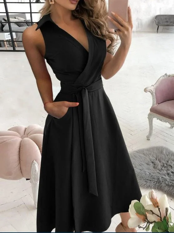 Women's Dresses Solid V-Neck Belted Sleeveless Dress Summer unclassified dresses