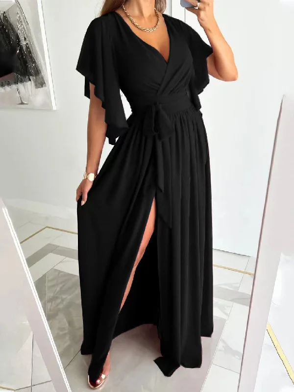 Women's Dresses Solid V-Neck Flared Sleeve Slit Dress A-line unclassified dresses