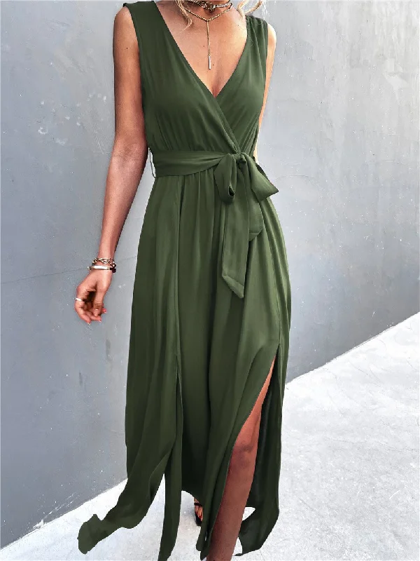 Women's Dresses V-Neck Belted Sleeveless Slit Dress Party unclassified dresses