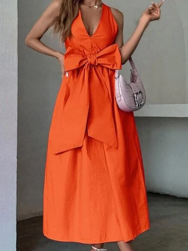 Women's Dresses V Neck Bow Open Back Sleeveless Dress Vacation unclassified dresses