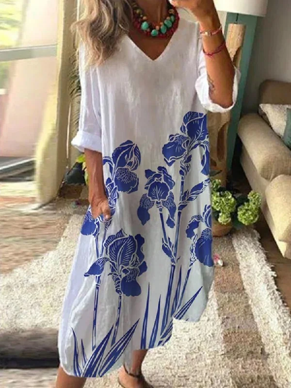 Women's Dresses Vintage Graphic V-Neck Mid Sleeve Pocket Dress Off-shoulder unclassified dresses