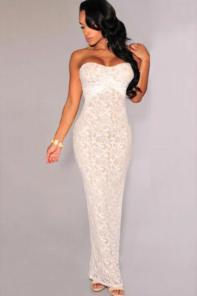 Exquisite Sexy Strapless Lace Layout White Evening Dress Flowy Lace Dress