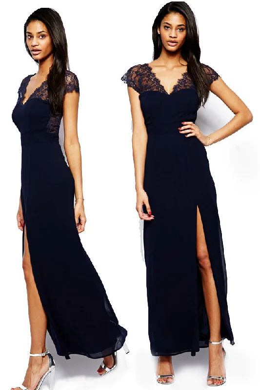 Navy Eyelash Lace Splicing Chiffon Evening Dress Lace Dress Dreamy