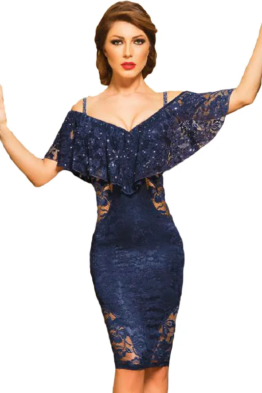 Navy Sexy V Neck Off Shoulder Lace Dress Lace Dress for Women