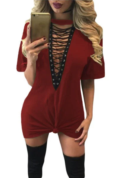 Date Red Lace Up Half Sleeves Tee Dress Elegant Lace Dress