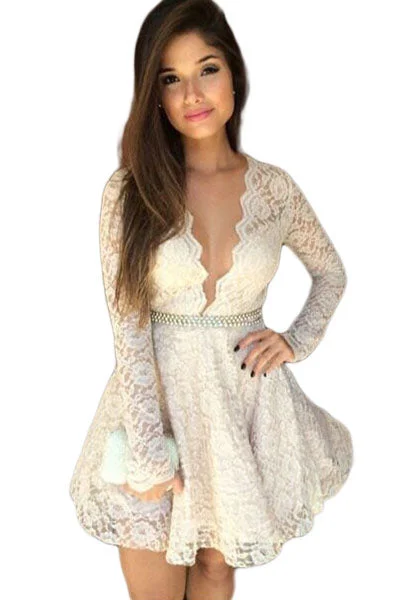 Gorgeous Deep V Neck Lace Skater Dress Off-the-shoulder Lace