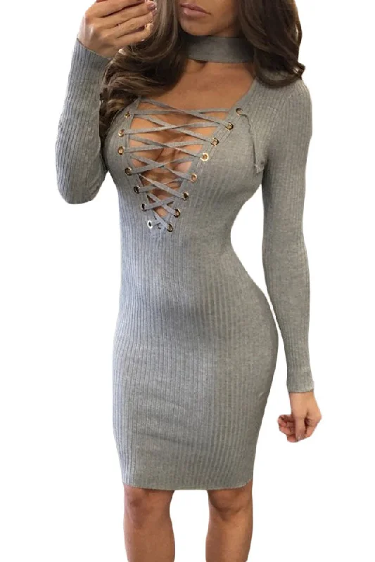 Gray Lace-up Bust Ribbed Dress Lace Detail Gown