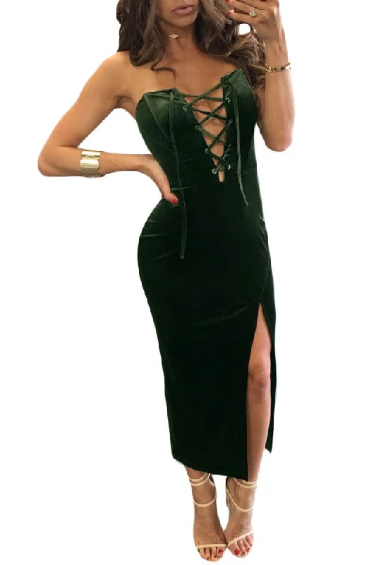 Olive Green Velvet Lace up Strapless Slit Dress Lace Gown Style