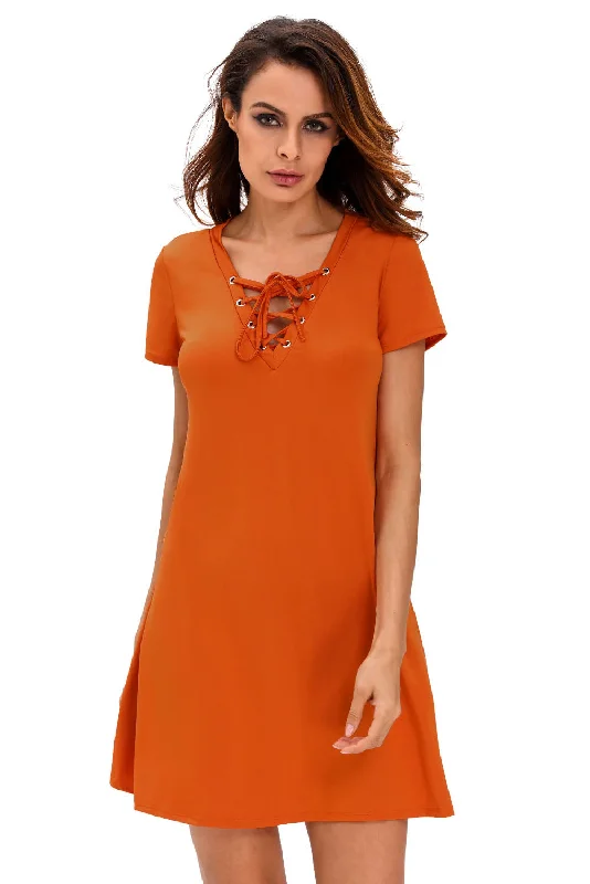 Orange Casual Lace-up Swing Dress Lace High Neck Dress