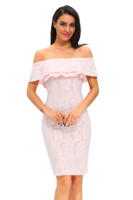 Pink Lace Nude Off-the-shoulder Dress Lace Dress Sparkly