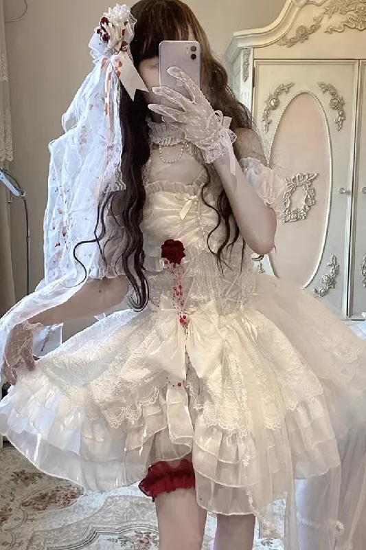 White [Blood Kiss Bride] Halterneck Multi-Layered Ruffle Hanayome Bowknot Lace Gothic Lolita Jsk Dress Lace Midi Dress