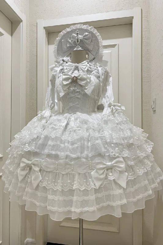 White [Dream Prologue] Doll Multi-Layered Bowknot Lace Sweet Princess Lolita Dress Lace Mini Dress