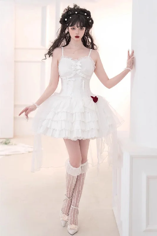 White High Waisted Multi-layer Rose Bowknot Lace-Up Gothic Lolita Jsk Dress Lace Dress Bohemian