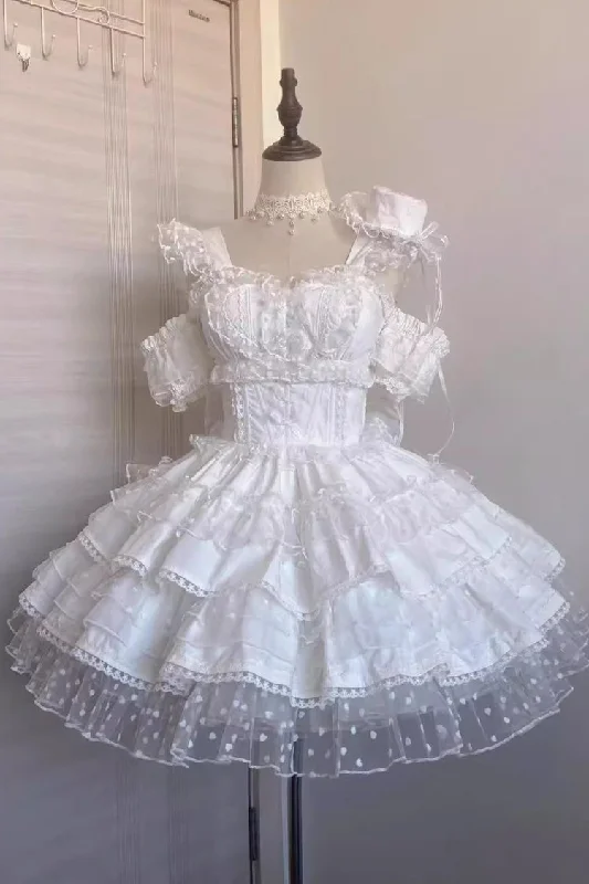 White Pray Multi-Layered Bowknot Lace Sweet Lolita Dress Lace Dress Modern