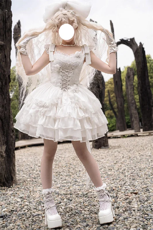 White Rose Multi-layer Ruffle Hanayome Stitching Lace Detachable Sweet Princess Lolita Tiered Dress Lace Dress Perfect