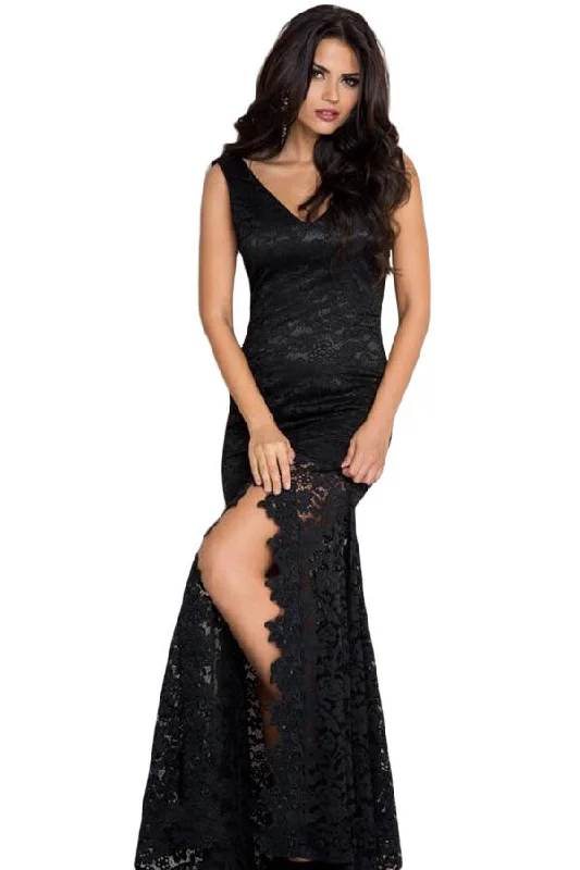 Black Lace Mermaid Sleeveless Prom Dress Ruffled Lace Dress