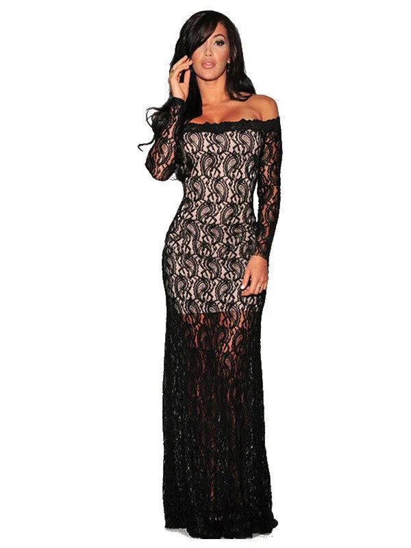 Black Lace Nude Illusion Off-shoulder Evening Dress Floral Lace Dress